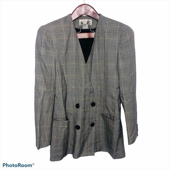 Christian Dior Vintage Plaid Check Button Blazer 8 Retro Double Structured Black